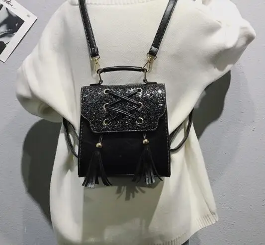 New Design Sequin Women Backpack Solid Hasp Female Bag Fashion Girls School Bags Lady Small PU Tassel Leather Bag Women Backpack