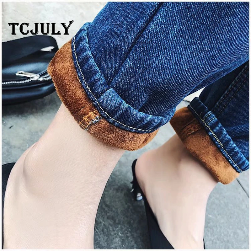 TCJULY Новое поступление хлопковые теплые зимние джинсы для женщин Свободные