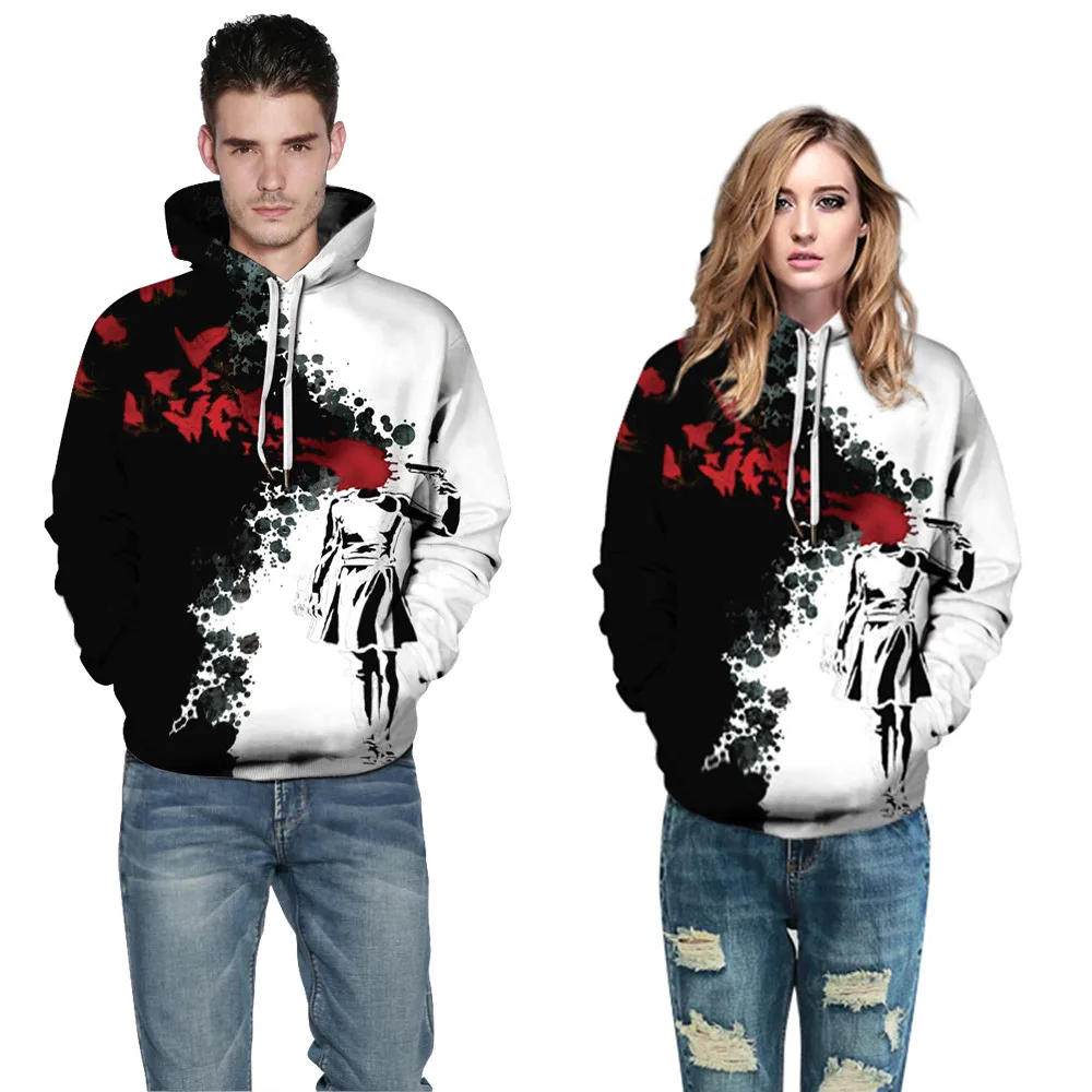 New Harajuku Hoodies Black White Men Women 3D Printed Red Blood Hooded Sweatshirts Streetwear Oversized Hoodie | Женская одежда
