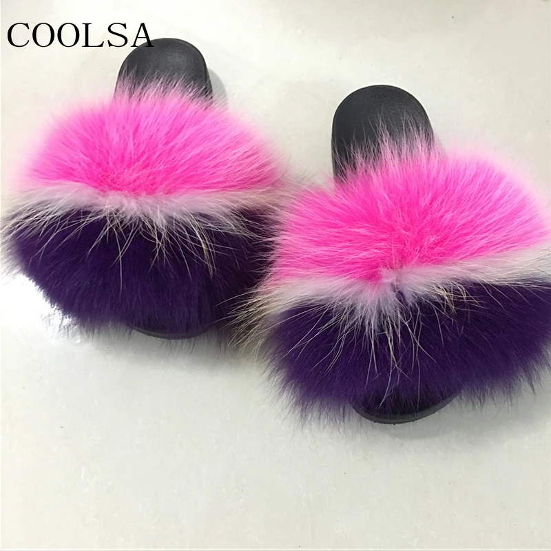 

COOLSA Women's Winter Furry Slippers Indoor Warm Fox Hair Open Toe Fur Sandals Ladies Cute Plush Fluffy Flip Flops Women Slides