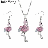 julie wang enamel flamingo jewelry sets necklace pendants earrings set rhinestone alloy fashion women choker party gifts