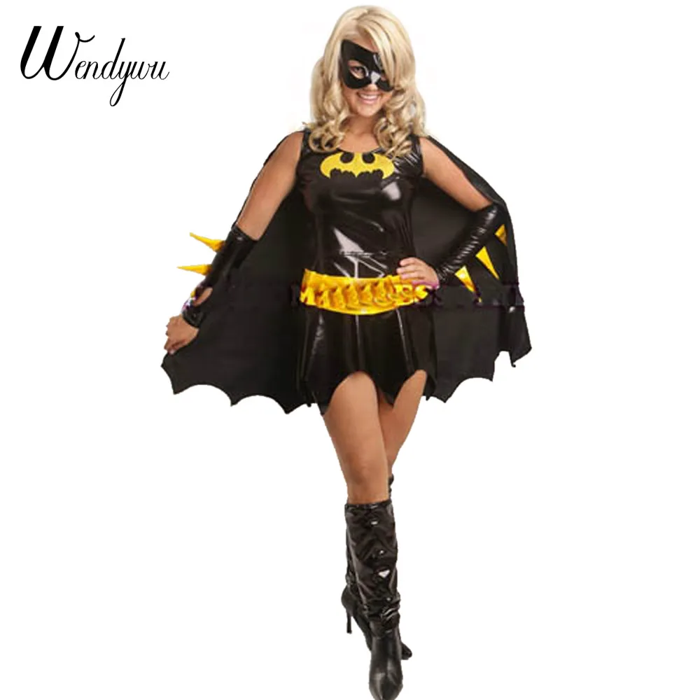 Wendywu специальный сексуальный Хэллоуин Batgirl без рукавов Черное Кожаное мини
