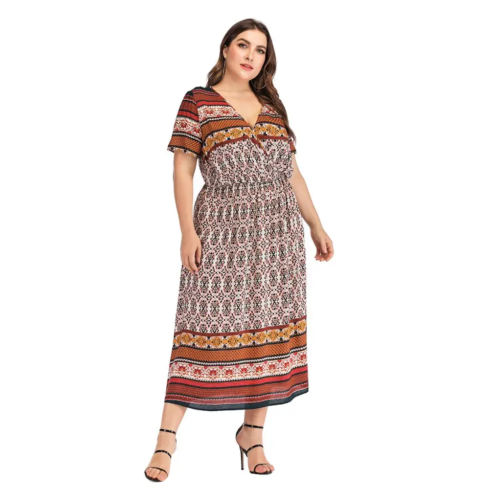 Женское платье большого размера 2019 Boho с длинным v-образным вырезом и коротким