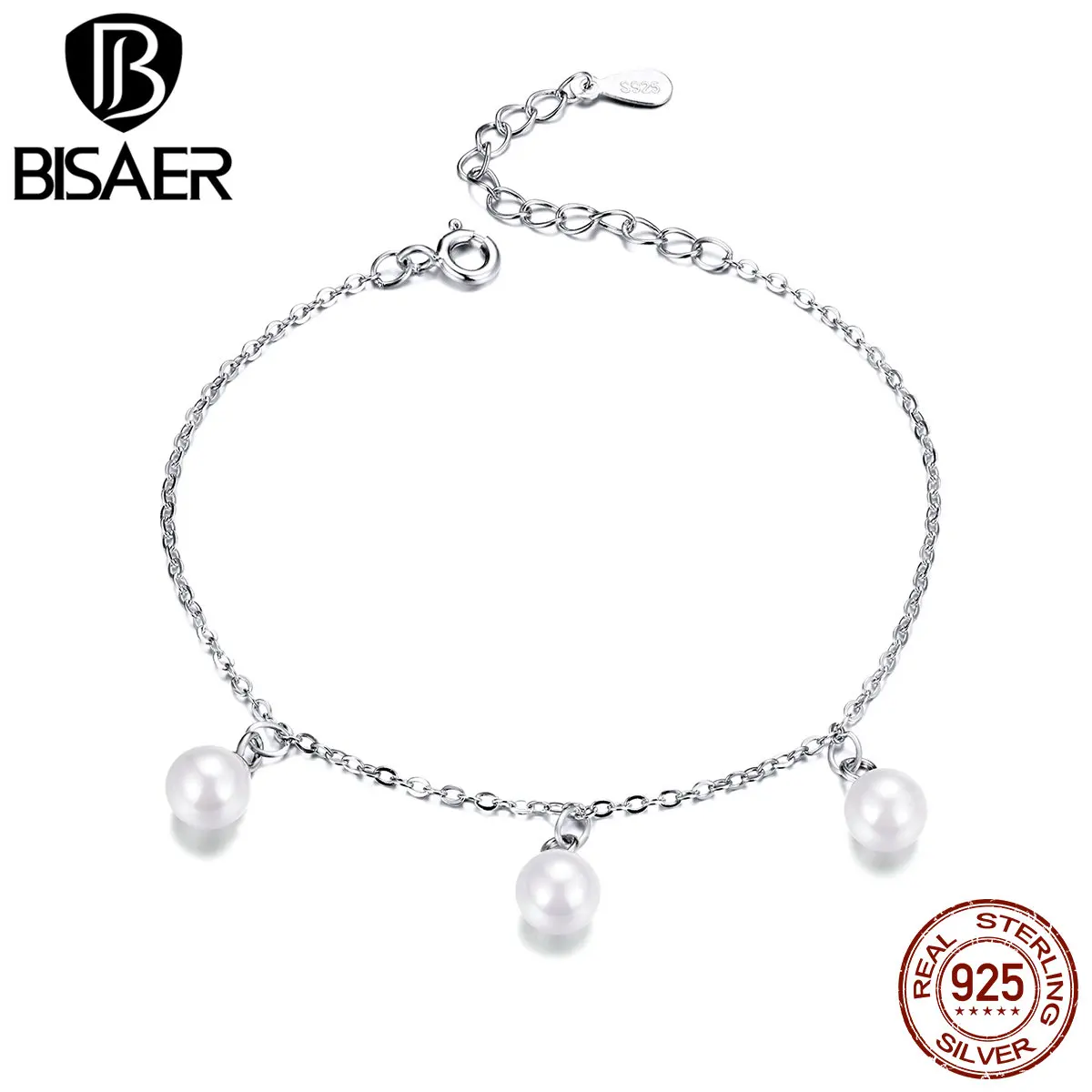 BISAER, женские браслеты, подлинные, 925 пробы, серебро, пресноводное жемчужное звено, браслеты для женщин, Стерлинговое Серебро, ювелирное изделие ECB132