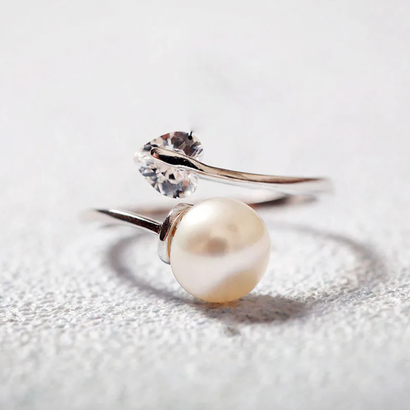 New Women Fashion Simulated Pearl Rings Cute Silver Love Heart Rhinestone Zircon Open Ring Party Jewelry Valentine's Day Gifts|Кольца| |