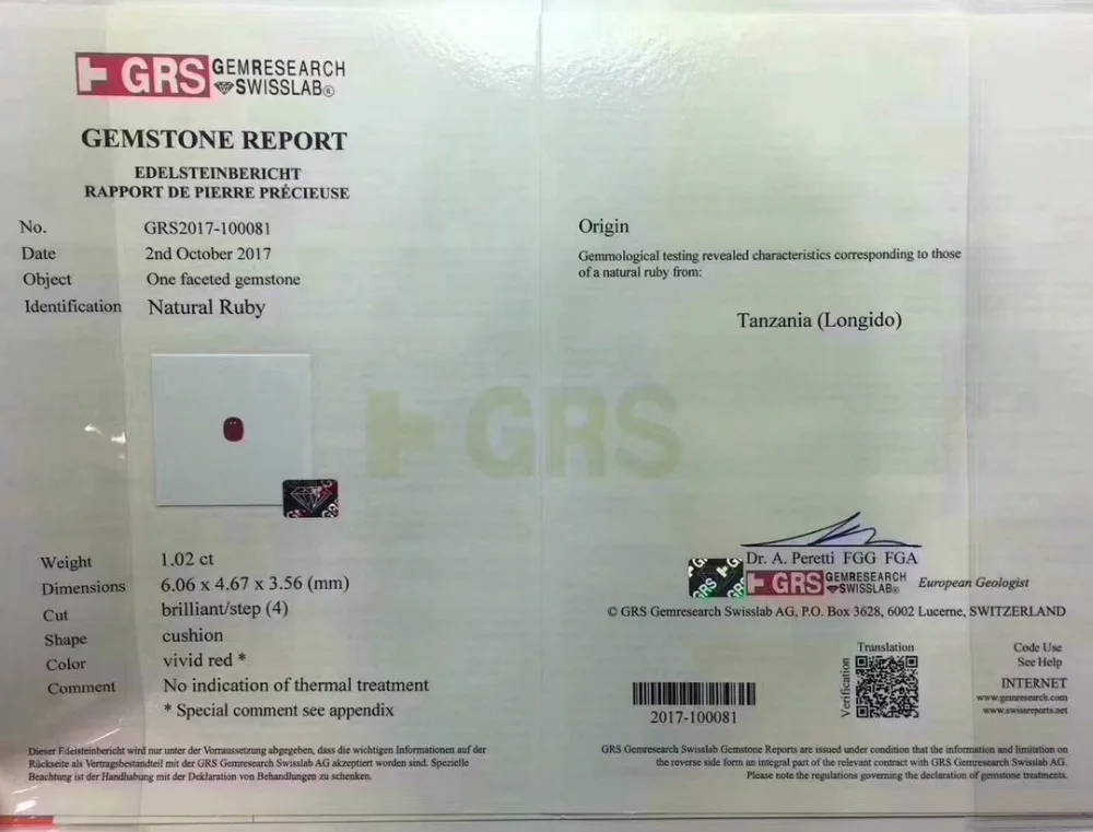 Ювелирные изделия Настоящее 18K Белое Золото 100% натуральный GRS1.02ct красный рубин