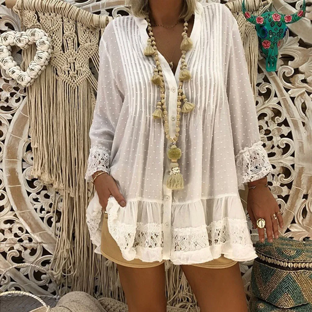 Boho пляжная кружевная Лоскутная футболка Женская свободная повседневная с v-образным вырезом кафтан крышка элегантного размера плюс женская винтажная верхняя одежда femme# ss