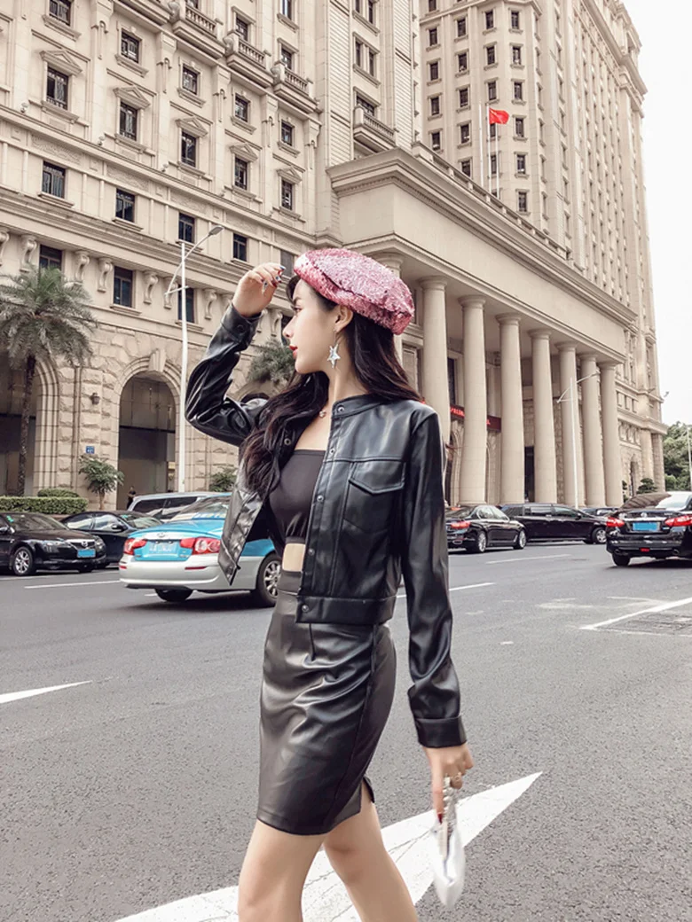 Женский кожаный комплект из 2 предметов пикантная Куртка и юбка искусственной