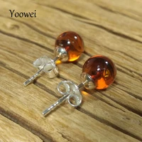yoowei 7mm round natural amber earrings for women chic stud earring cognac color lady fashion baltic amber jewelry wholesale