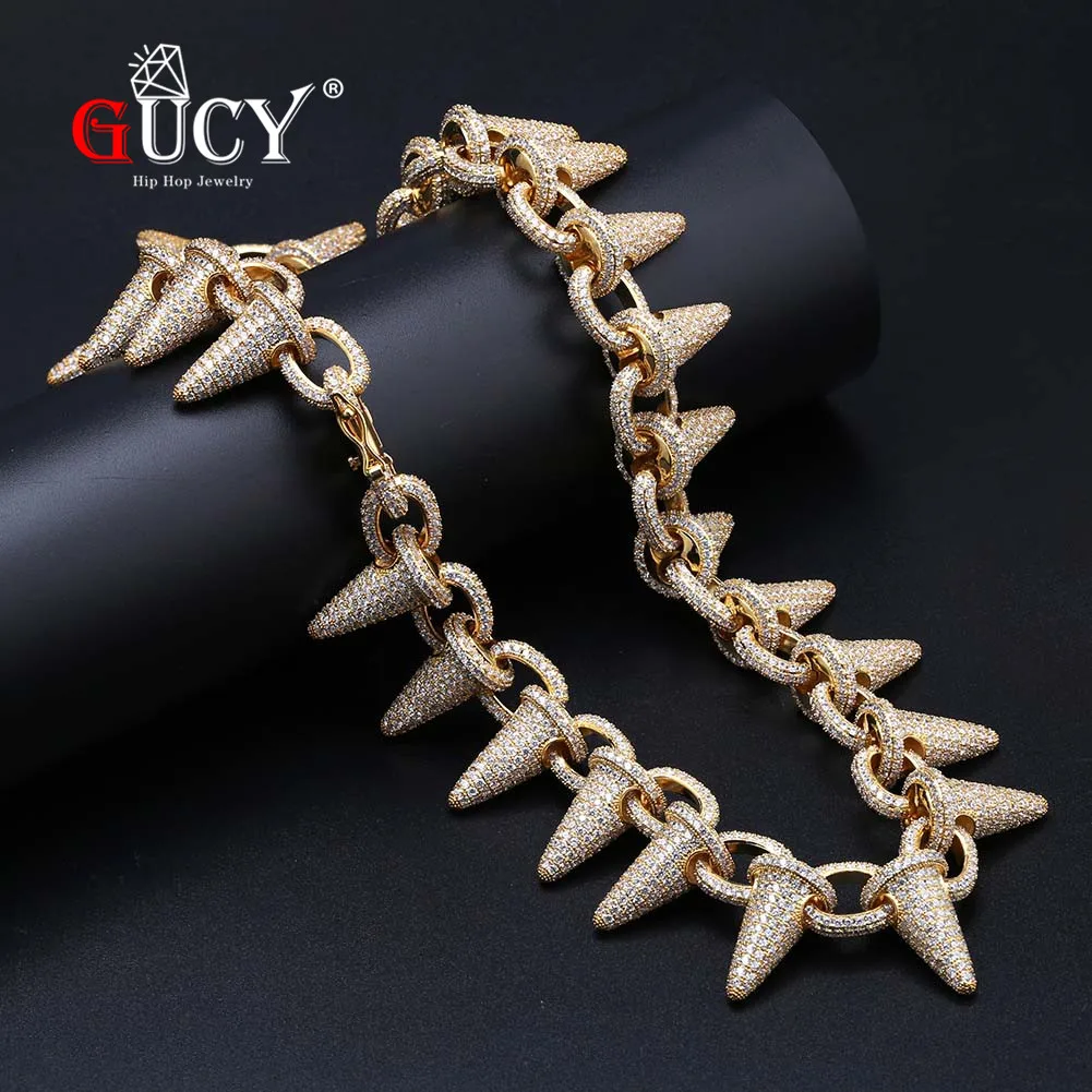 

GUCY Iced Out Heavy Punk Rivet Choker Bling Cubic Zircon Men's Hip Hop Spikes Necklace Gold Silver Color Jewelry Chain 18" 22"