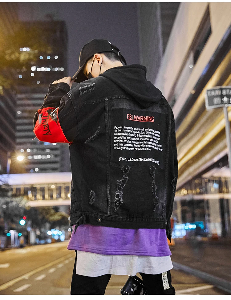 Sokotoo Men's loose letters printed jean jacket Trendy streetwear holes ripped denim coat Patchwork outerwear