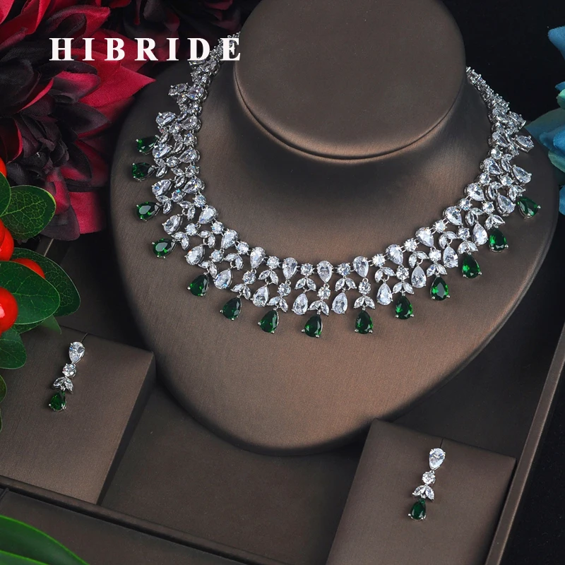 

HIBRIDE Fashion Jewelry Sets For Women Green And Red Cubic Zirconia Brincos Necklace Set Wedding Dress Accessories N-637