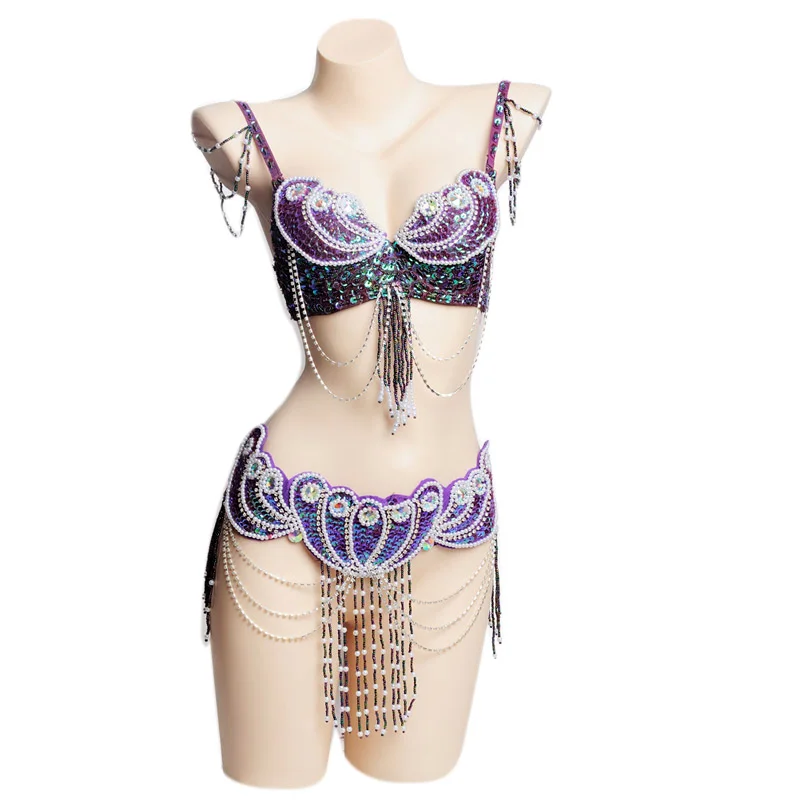 Purple Женский костюм для танца живота, комплект из 2 предметов, восточные бусы, топ для танца живота, бюстгальтер, пояс, карнавал, племенная Одежда для танцев, наряды - Цвет: Purple