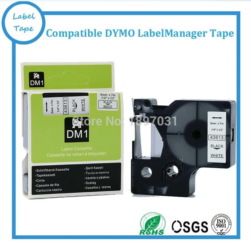 

Grade A quality 10pcs/lot free ship Compatible dymo label tape 6mm*7m black on white 43613 dymo D1 label for dymo label printer