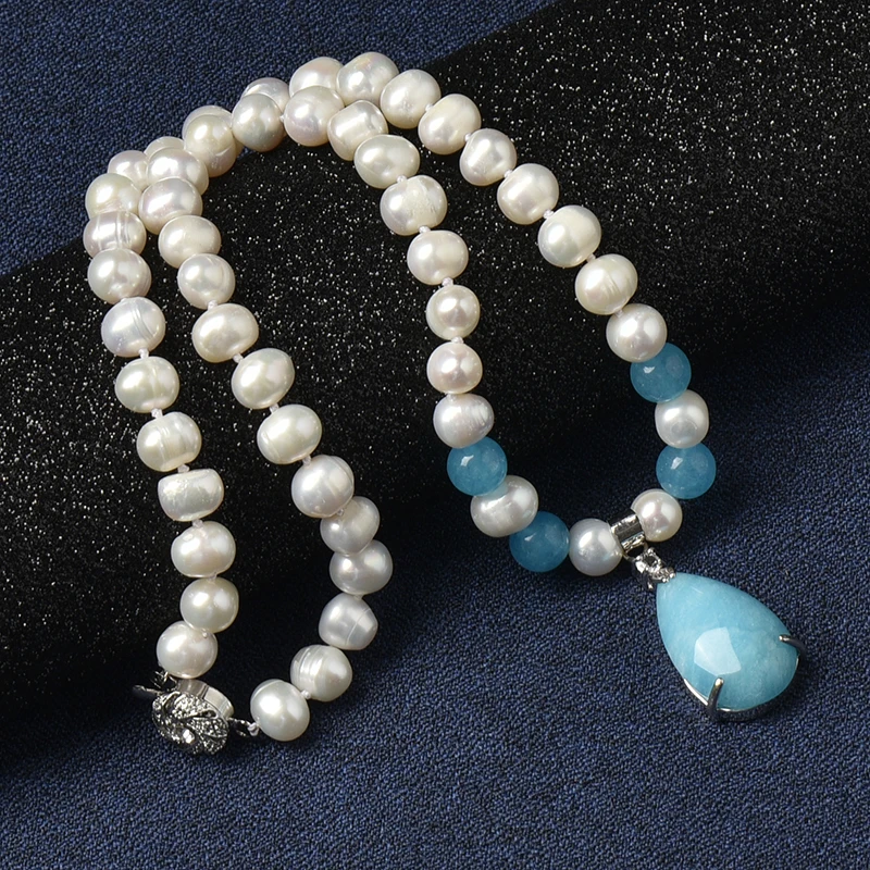 

16*26*8 mm Light Blue droplet-shaped Pendant with Transparent blue gloss 8-9 MM Light white Freshwater Natural pearl pendant