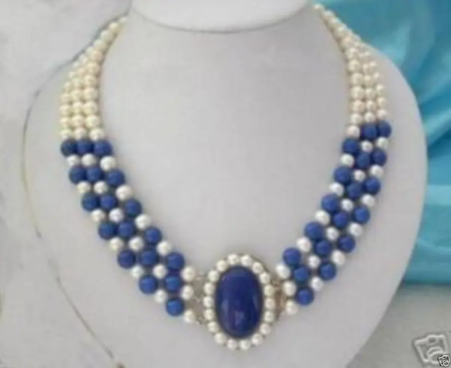 

FREE SHIPPING HOT sell new Style 3 rows 7-8mm white pearls lazuli necklace