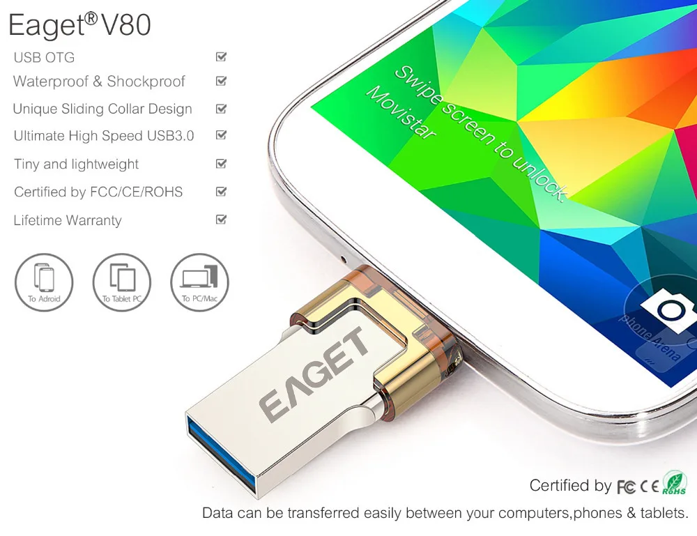 EAGET V80 Официальный 16 Г 32 64 Смартфон USB 3.0 Flash Drive флэш-Накопитель Micro Stick Двойной