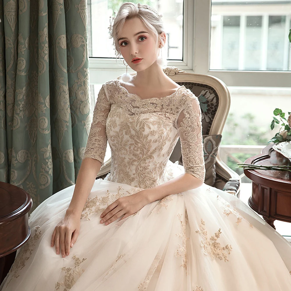 Robe Mariage Femme China Custom Made Lace Up Half Sleeve Gold Appliques Ivory Ball Gown Wedding Dress Plus Size Trajes De Novia | Свадьбы и