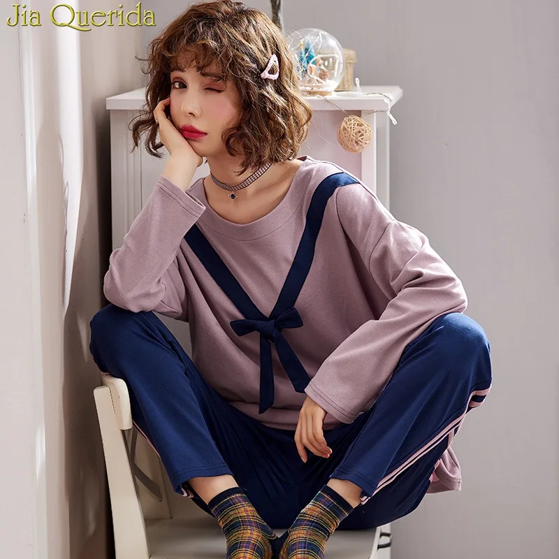 J & Q Пижама Femme Хлопковая женская пижама 2019 новая весенняя комплект из 2 предметов