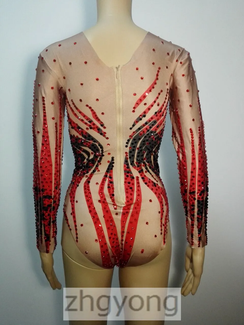 Full Diamond Female Leotard Bodysuit Red Black Crystals Long Sleeve Jumpsuit Nightclub Women Leading Dancer DJ DS Stage Costume