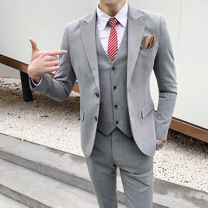 (Пиджак + жилет брюки) мужской новый весенне летний тонкий костюм клетчатый