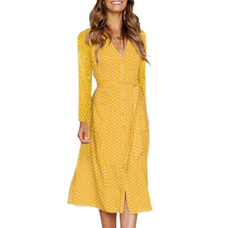 Polka Dot Long Dress Women Sleeve Spring Autumn Casual Dresses Button Lace Up 2020 Streetwear Black Maxi Vestidos | Женская одежда