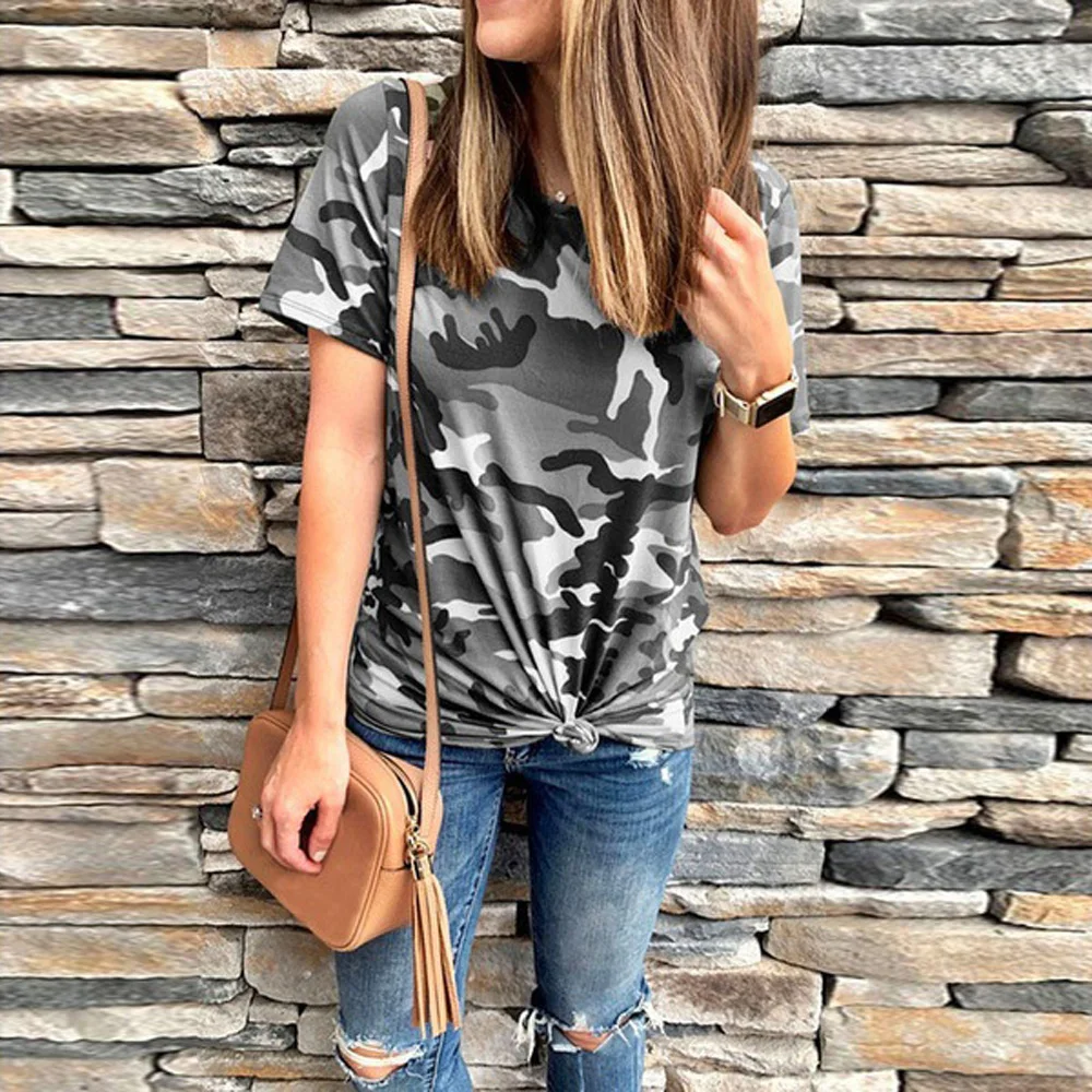 Женские повседневные топы камуфляжные 2019 летние свободные с круглым вырезом