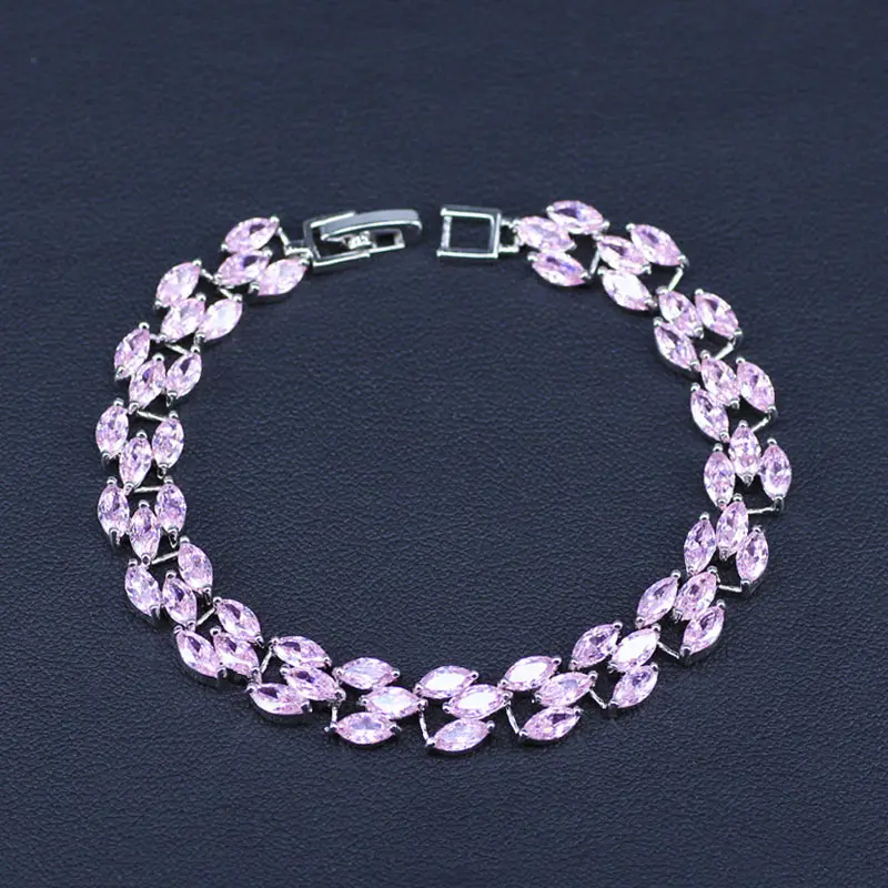 pink Роскошные 925 пробы серебряные ювелирные изделия Свадебные аксессуары в форме листа CZ Кристалл Камень свадебные браслеты и браслет для невест - Окраска металла: pink