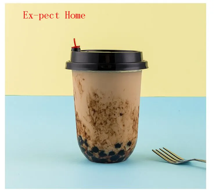 Taza de t&eacute; de leche con tapa de un solo uso, taza de grasa muda, taza de pl&aacute;stico en forma de U de 1000 ml, taza de jugo transparente creativa hecha a medida de PP, 700 Uds.-4