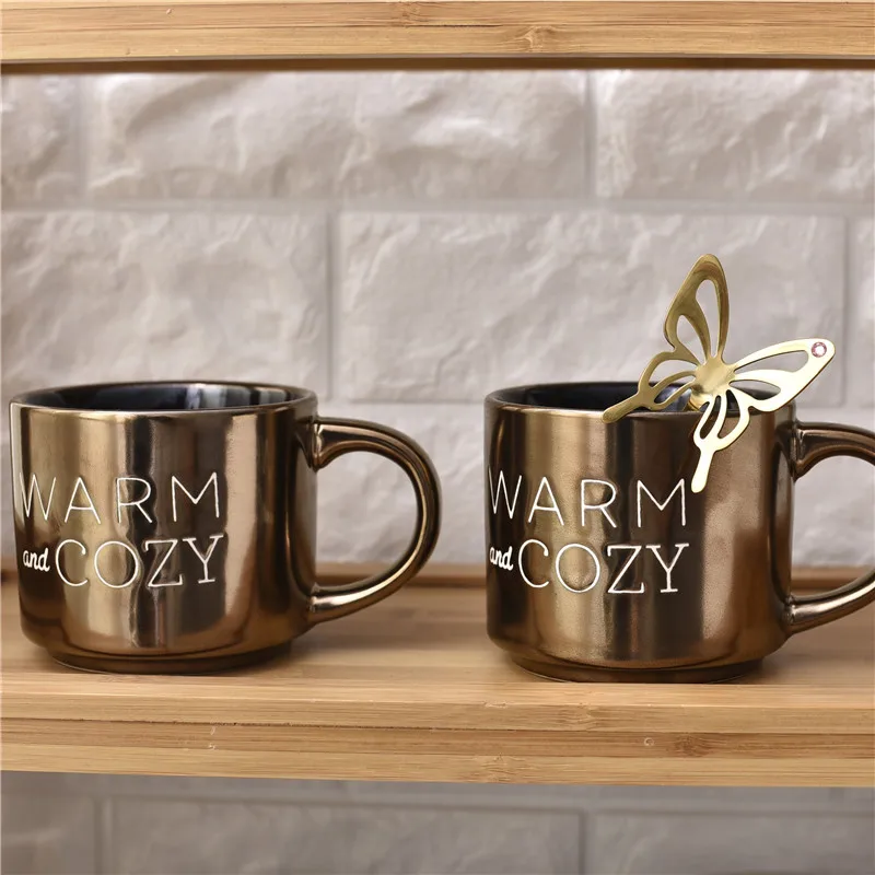 Classical Retro Metal Coffee Cups Ceramics Nordic Style Golden Handgrip Mugs 400ml Handmade Milk Cup Mug Best Gifts | Дом и сад