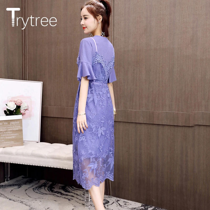 Trytree, летний женский комплект из двух предметов, фиолетовый, Повседневный, с расклешенными рукавами, с круглым вырезом, Длинный топ+ платье на шнурке, Кружевной Костюм, комплект из 2 предметов