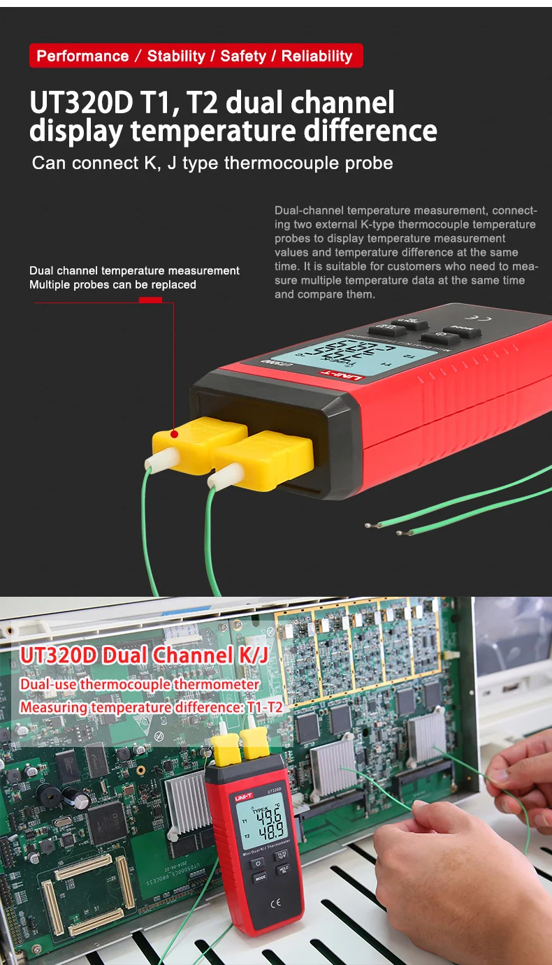 UNI-T UT320D мини-контактный термометр, двухканальный K/J термопары данные термометра, чтобы держать выключен автоматически