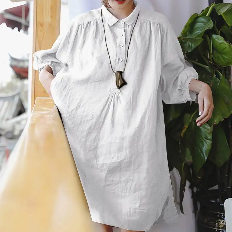 Лето, женское винтажное льняное платье, женское Повседневное платье с рукавом 3/4 и пуговицами, одноцветные мини-платья, пляжные вечерние размера плюс Vestidos