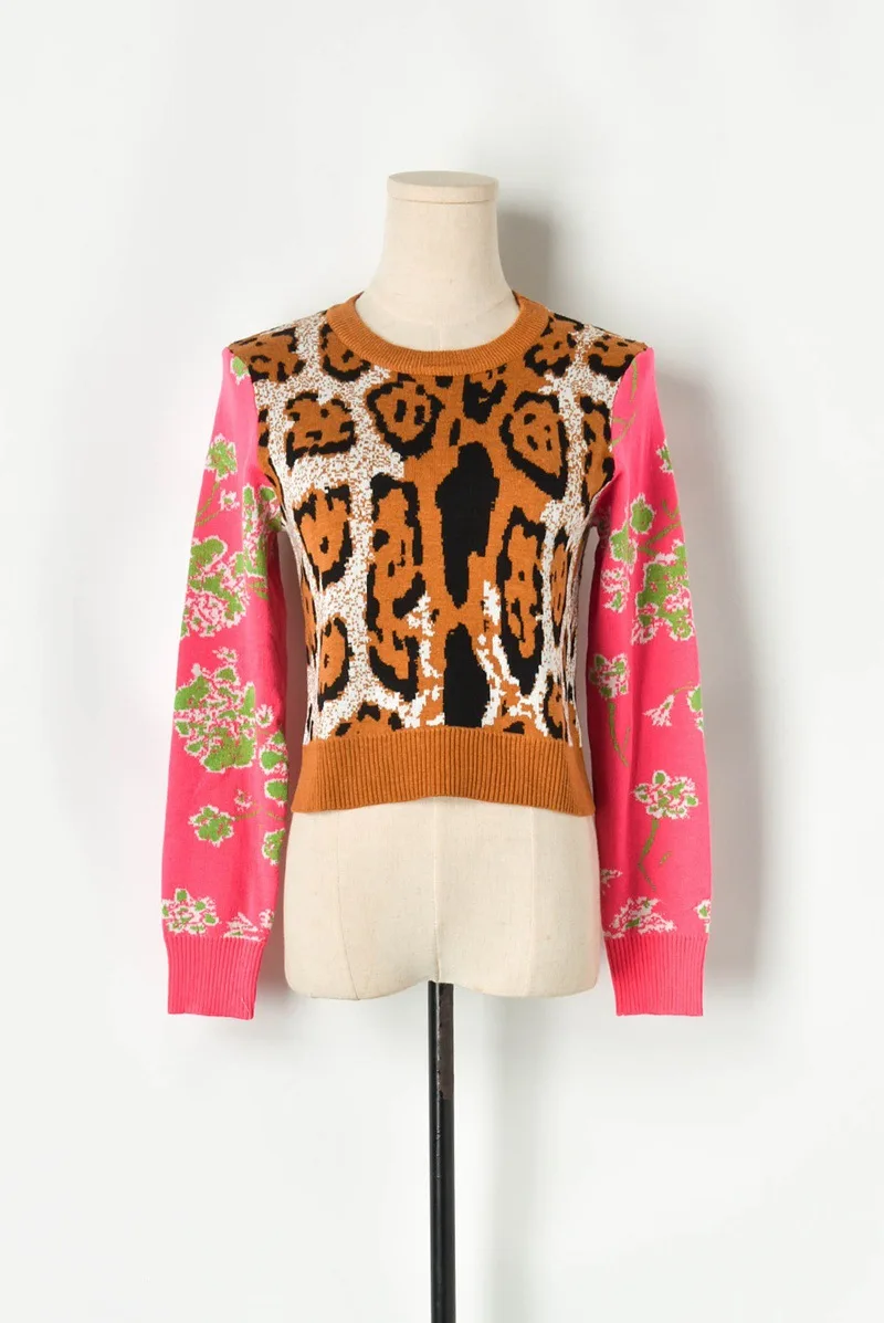 Sexy Leopard Crop Sweater for Women 2019 Autumn Round Neck Long Sleeve Pattern Wool Blend Pullover Female Short Jumper | Женская одежда