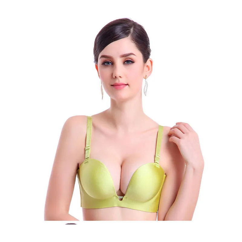 

2016 New Fashion Sexy Bra Front Deep U Plunge Shaped Bra LowCut Halter Convertible Multiway Push Up Bra 32-38B New