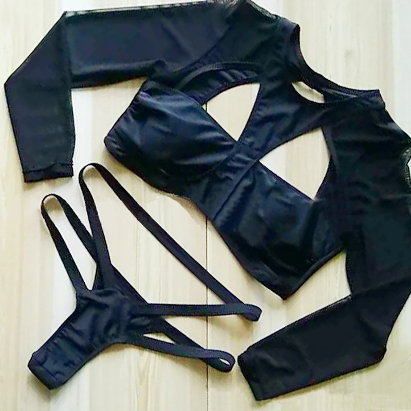 Sexy Black Long Sleeve High Cut Out Bikini Set Bandage Swimwear Women Hollow Swimsuit Bodycon Strappy Mesh Bathing Suits | Спорт и