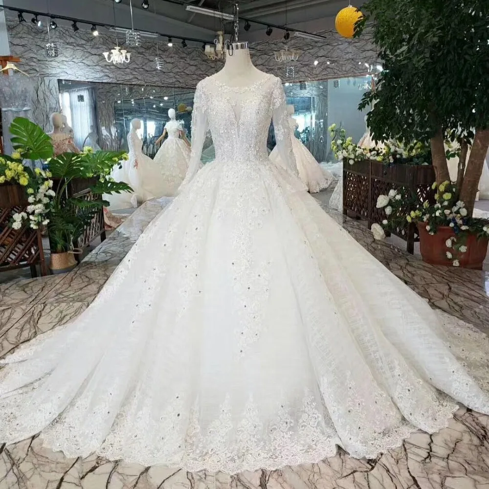 

Custom Made Luxury Wedding Dress Long Sleeves Tulle Ball Gown Lace Applique Sequined vestido de noiva 2019 robe de mariee