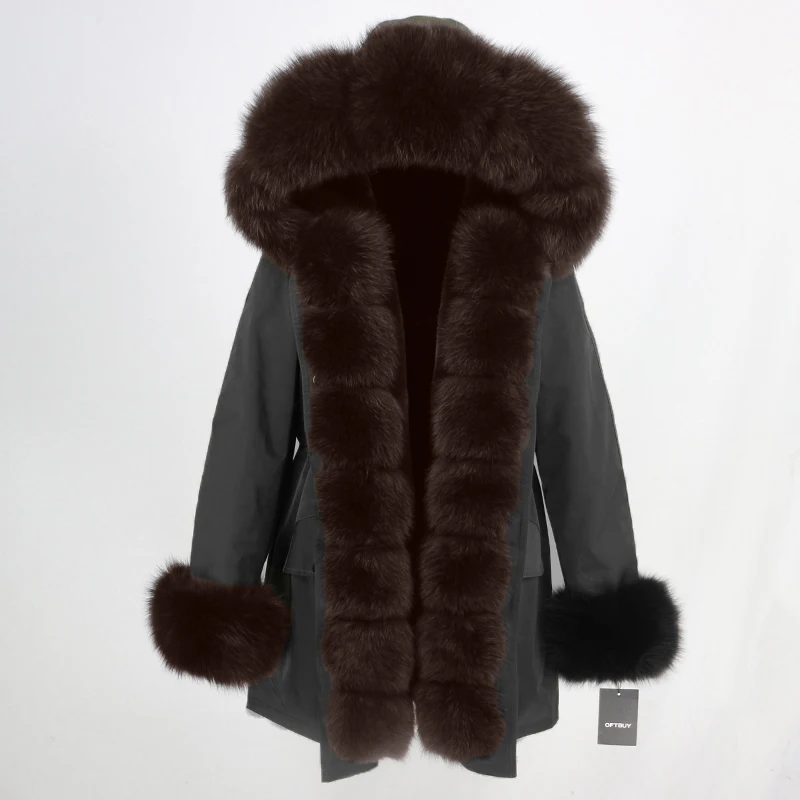 black dark brown2 Женская парка с натуральным лисьим мехом OFTBUY, бежевое пальто с отделкой из лисьего меха, свободная длинная парка, верхняя одежда со съемным мехом, зима - Цвет: black dark brown2