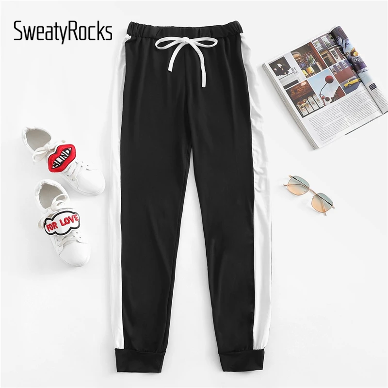 SweatyRocks, для отдыха, черные, с контрастной панелью, с боковой шнуровкой, спортивные штаны, средняя талия, для тренировок, длинные штаны, осень, женские спортивные штаны джоггеры
