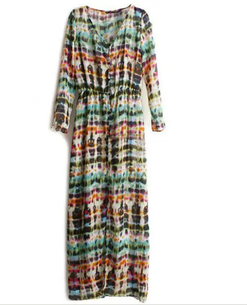 Free Shipping Women Ladies Multi Color Dip Dye Shirred Waist Chiffon Long Cardigan Sleeve Blouse Dress Drop shipping W518|dress design your own|dress