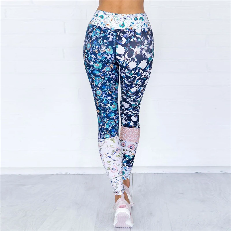 Высокая эластичность штаны для йоги леггинсы спорта женщин фитнеса с цветочным