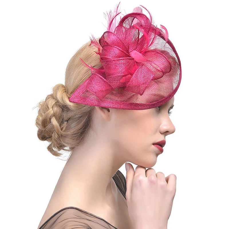 Rose red Hat Женское платье Кентукки Дерби вуалетки маленькая шляпа коктейль Чай Вечерние головные уборы на свадьбу перо Sinamay аксессуары - Цвет: Rose red Hat