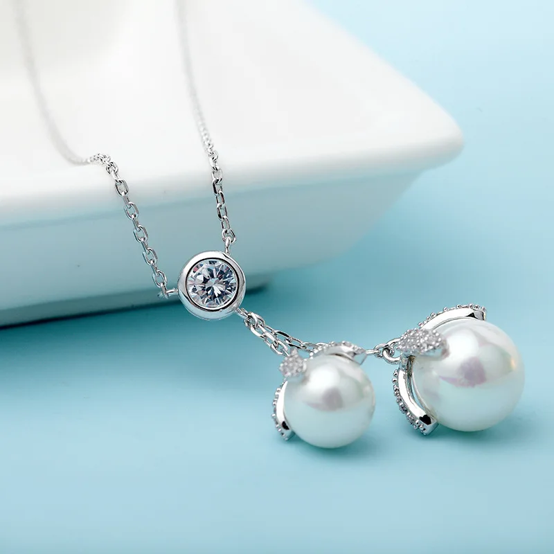Simulated Round Pearl Pendant with Cubic Zircon Stone Rose Gold Color Plated Chain Necklace for Women Fashion CZ Wedding Jewelry | Украшения