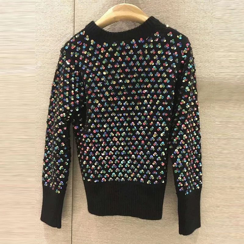 Runway 2020 Black Knitted Sweaters Pullovers Autumn Winter Long Sleeve Color Floral Sequins Luxury Jumper Lady Pull Clothing | Женская