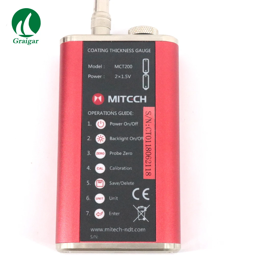 Толщиномер MITECH MCT200 диапазон применения указан доступными щупами