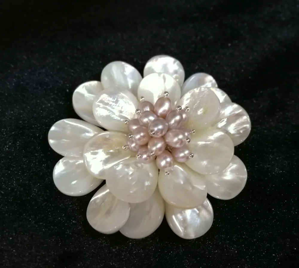 

wow! freshwater pearl white sea shell flower brooch 60mm nature wholesale FPPJ