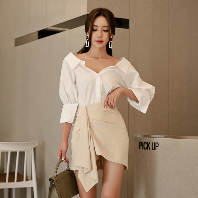 Офисный Женский комплект из 2 предметов элегантная тонкая белая рубашка с v