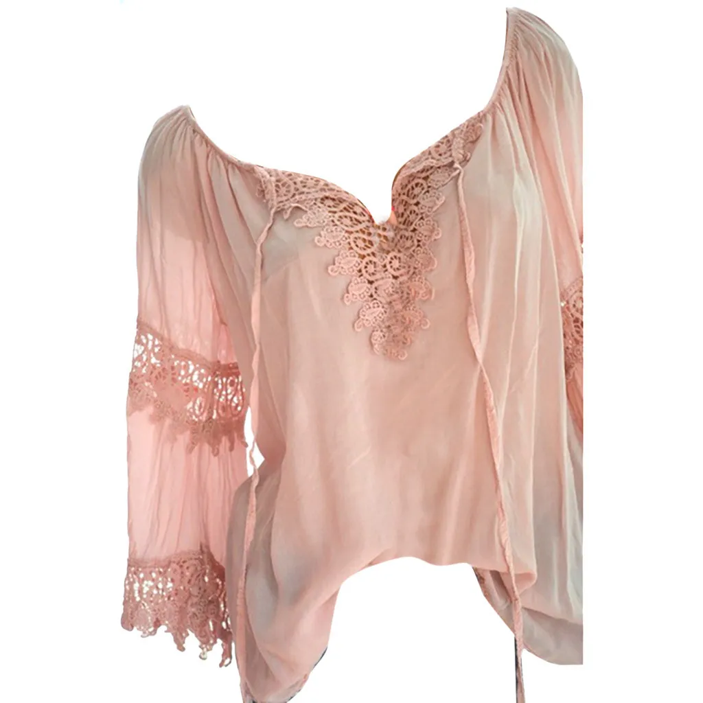 Pink Размера плюс S-5XL Женские топы с открытыми плечами Boho одноцветные женские сексуальные кружевные с длинным рукавом Блузка Топы Свободного Покроя blusas mujer de moda - Цвет: Pink