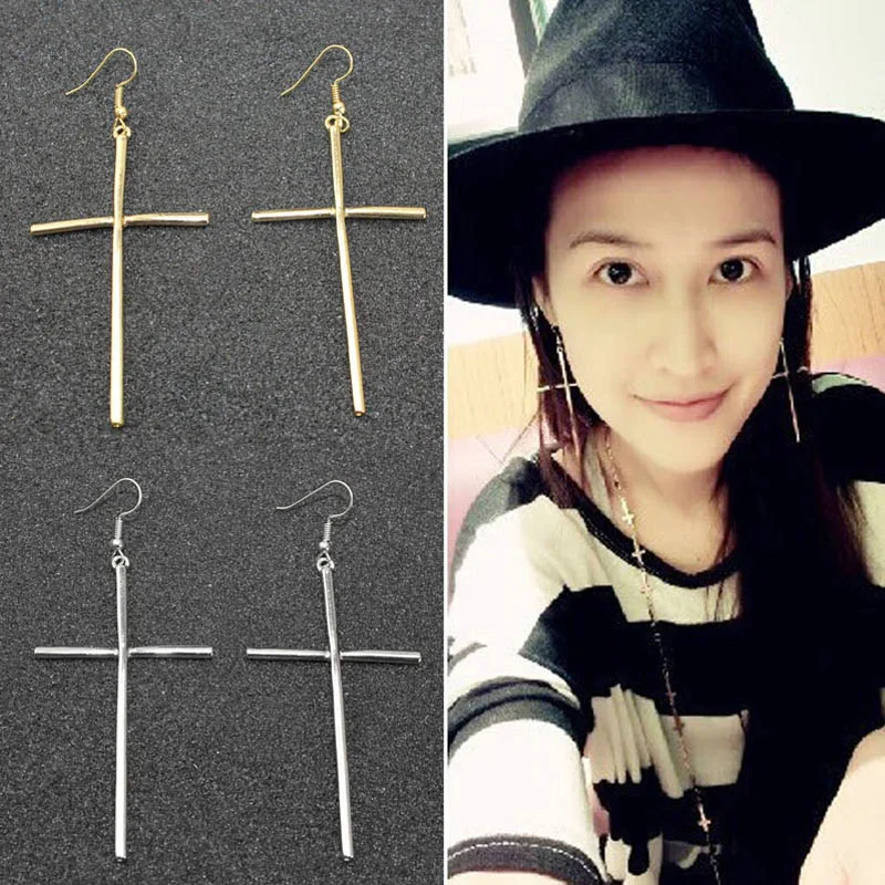 Женские длинные серьги-подвески с крестом золотистые/Серебристые бижутерия |