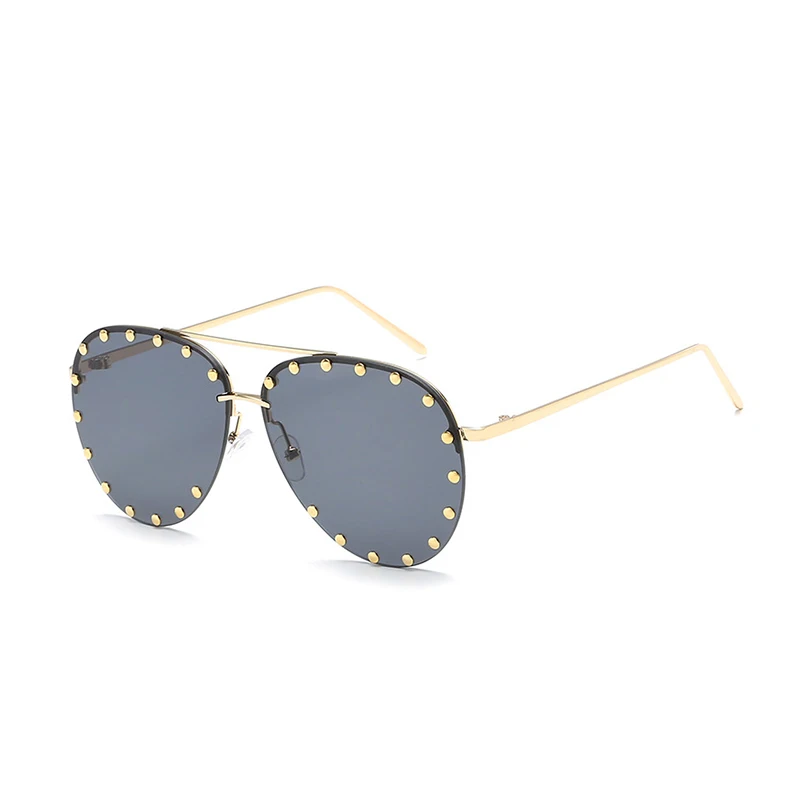 C1-Gold-Gray Королевские женские Овальные Солнцезащитные очки с заклепками модные брендовые дизайнерские черные розовые очки без оправы с двойным мостом оправа UV400 SS280 - Цвет линз: C1-Gold-Gray